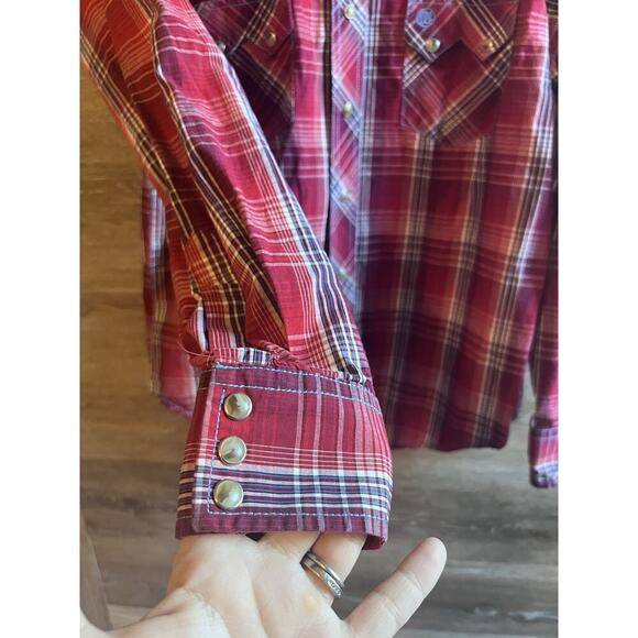 Vintage Wrangler Western Red Plaid Pearl Snap Shirt Mens Medium American Cowboy - Picture 5 of 8